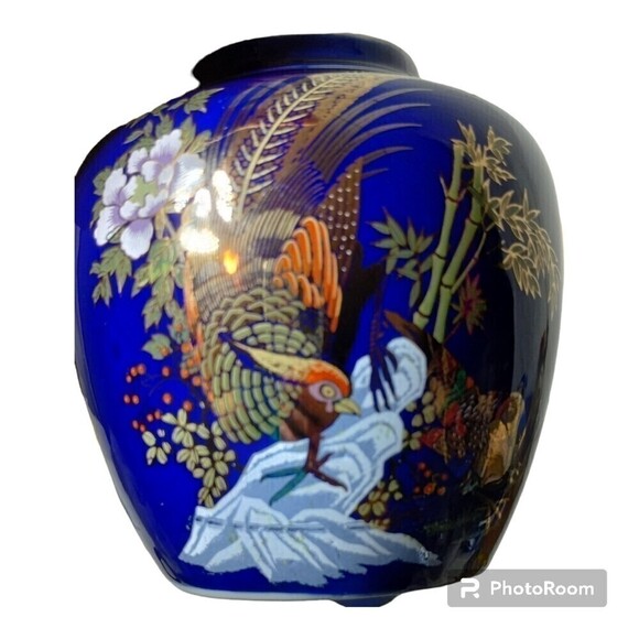 Ginger Jar  With Lid‎ Cobalt Blue with a Painting Of a  Gold Pheasant 5.5in Tall - Picture 2 of 11